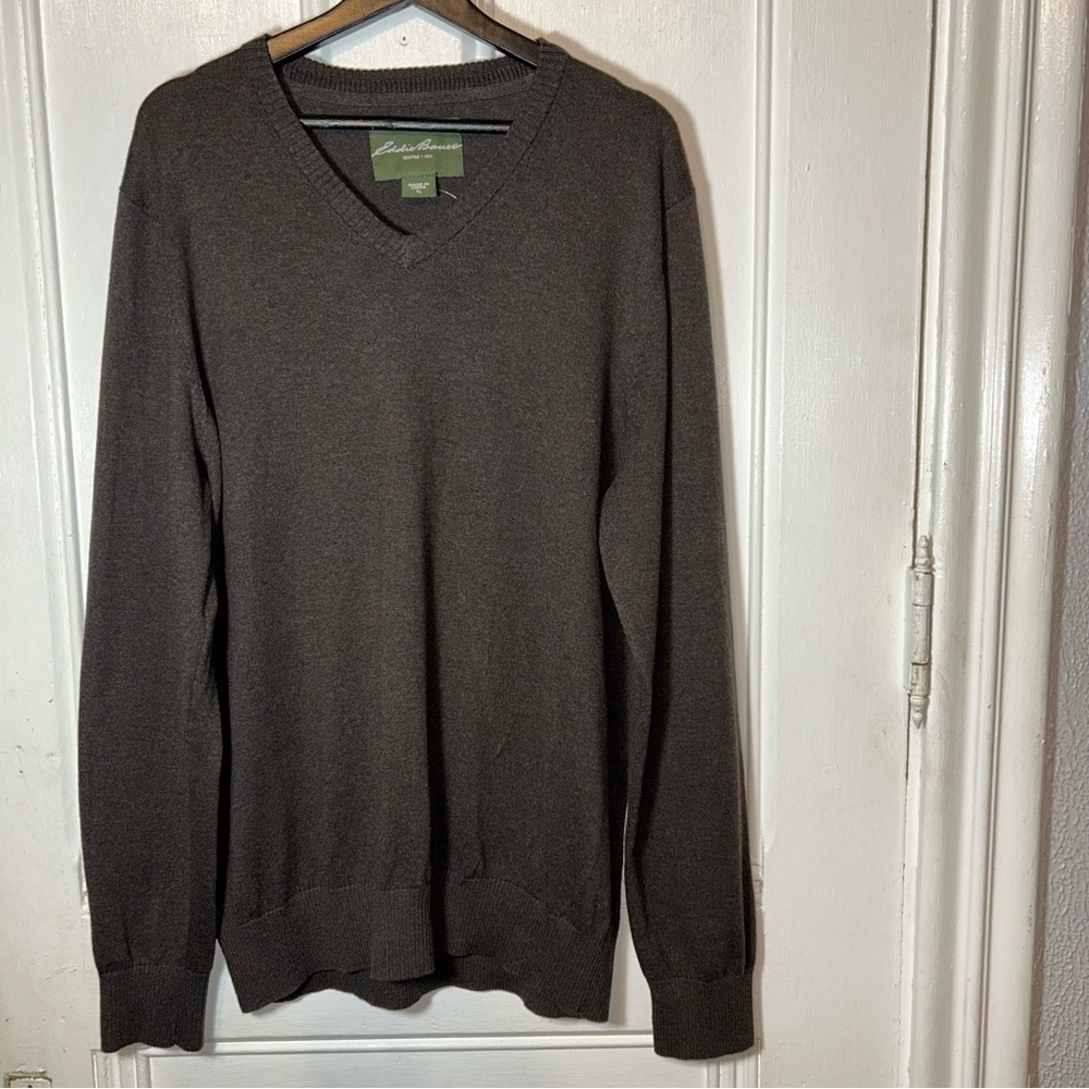 Eddie Bauer Brown Cotton Cashmere V-Neck Long Sleeve Pullover Sweater